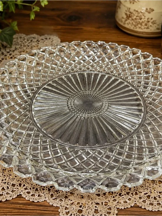 Vintage Clear Pressed Glass Serving Platter 12” Diamond Pattern Scalloped