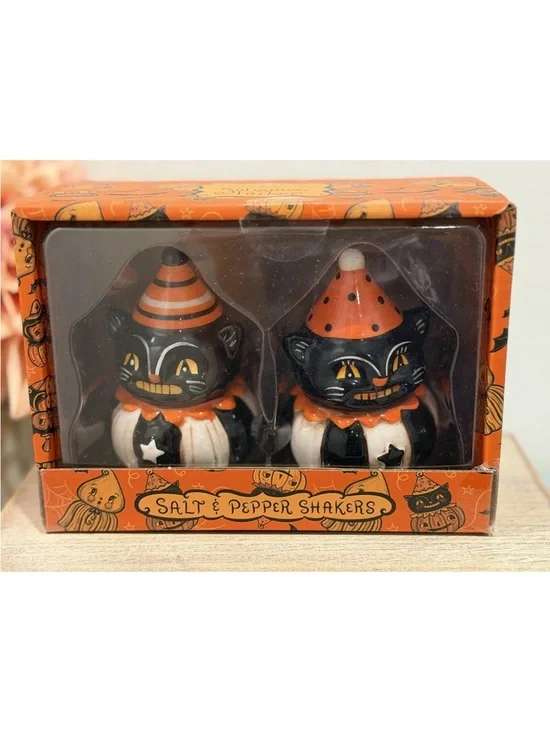 Johanna Parker Transpac SMILING CAT Salt & Pepper Shakers Halloween NIB