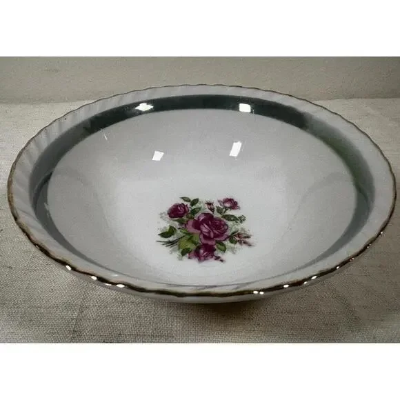 Vintage Japan Porcelain Bowl 6.75” – Roses, Green Band, Gold Trim