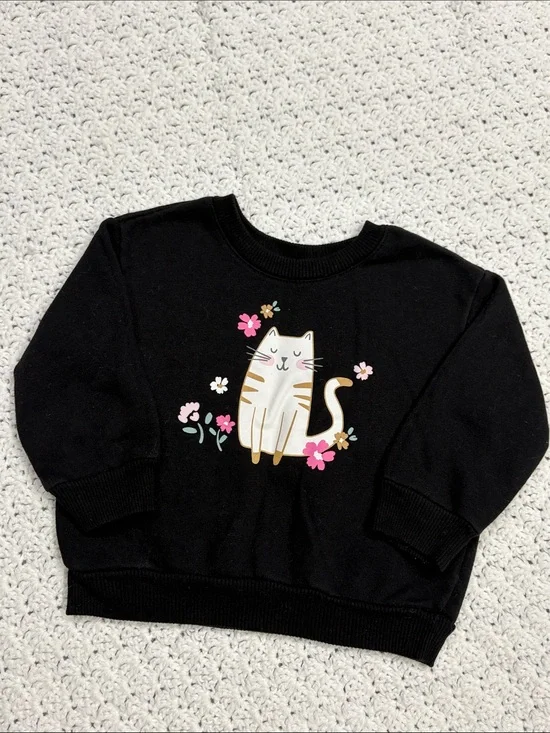 Garanimals Black Kids Fleece Sweatshirt Cute White Cat & Pink Flowers Size 18M !