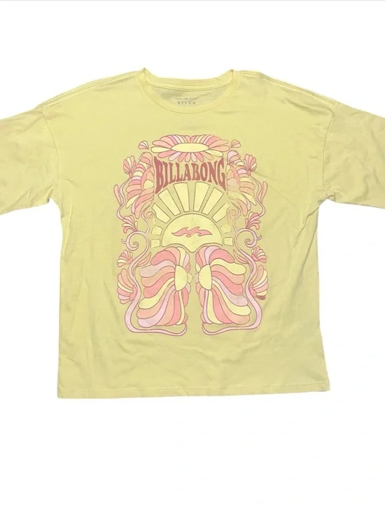 Billabong Yellow Oversized Graphic Sun Flowers Tee Shirt Girls Medium NWT Pink