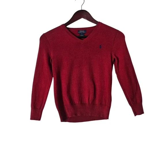 Polo Ralph Lauren Boys Red Cotton V-Neck Sweater Elbow Patches Size 7