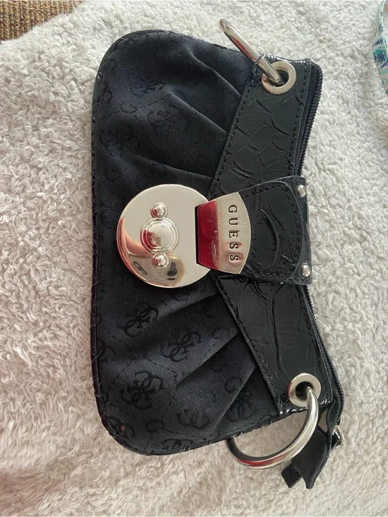 Guess Black Logo Wristlet with Silver Hardware