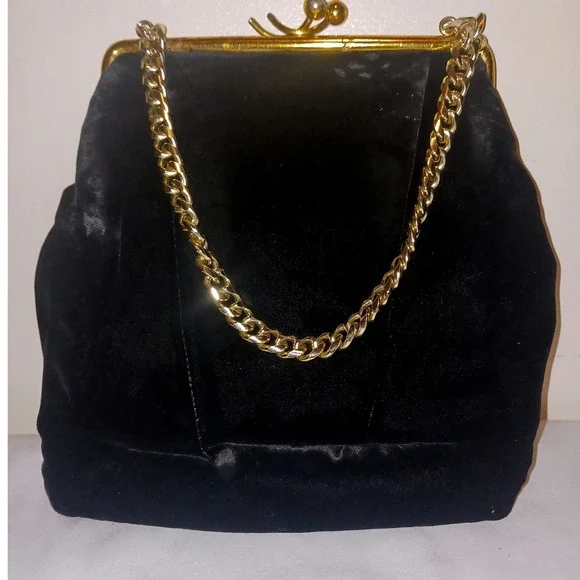 Vintage Old Hollywood Black Velvet Evening Bag Purse Rhinestone Kiss Lock