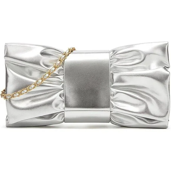 Women's Silver Pu Leather Zipper High Quality Metal Small Bow Crossbody Clutch