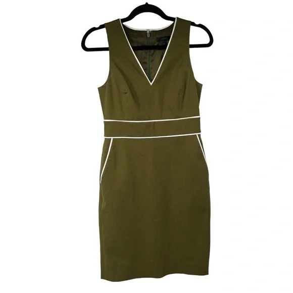 J. Crew Olive Green White Trim V Neck Mod‎ Style Career Dress