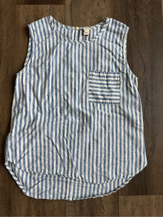 J. Crew Blue & White Linen Stripe Sleeveless Pocket Tank Women’s  Size 8