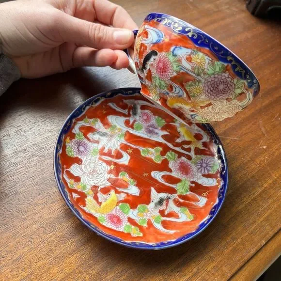VTG Japanese Koi Fish Teacup & Saucer Set Red Floral Cobalt Rim Porcelain