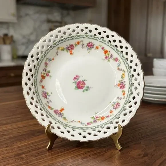 Vintage Germany Reticulated Lattice Floral Porcelain Bowl Gold Trim Cottagecore