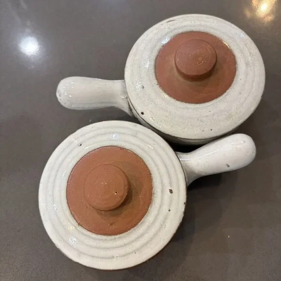 Set 2 Clay Pottery Covered Bean Pot Soup Bowl Crock Glazed Set 2 W Lids