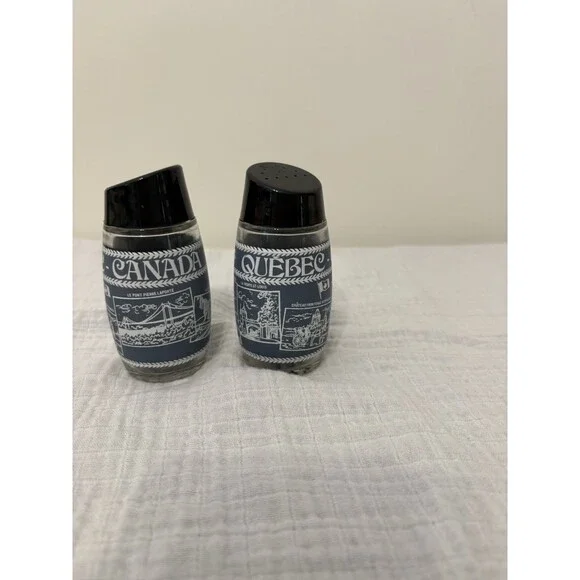 Quebec Canada Glass Salt and Pepper Shakers Blue with White Landmarks