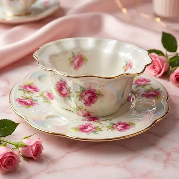 Antique MZ Austria Pink Rose Ramekin Custard Cup Underplate Gold Scalloped