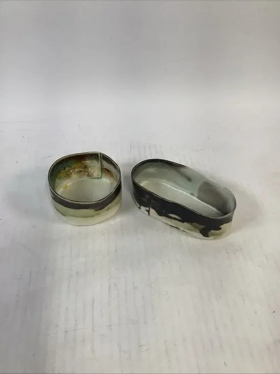 Lot of 2 Handmade Hand Painted Art Pottery Clay Condiment Bowls