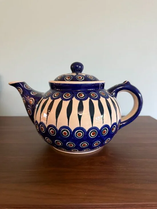 Boleslawiec Polish Pottery Teapot - Painted Peacock Pattern - FREE Shipping