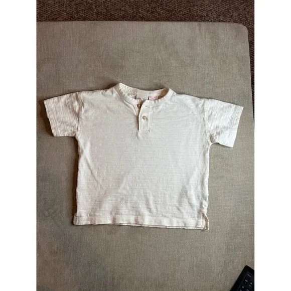 Zara Kids Cream Textured Cotton Henley Short Sleeve Shirt Off White 2 Years 92cm