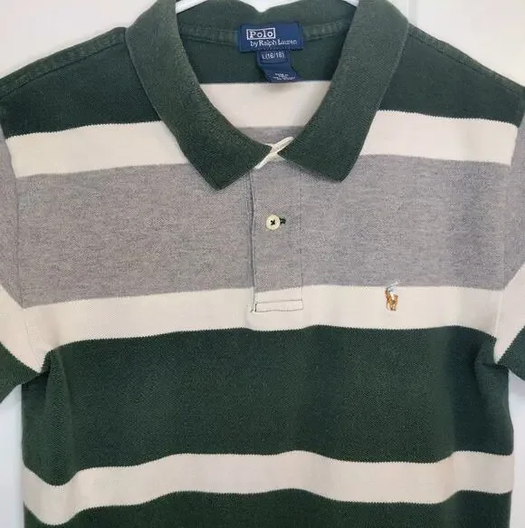 Vintage Polo Ralph Lauren Boys L 16/18 Striped Polo Shirt Green Gray Pony Mesh