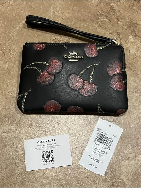 Coach Black Cherry Zip Wristlet with Glitter Cherry Motif