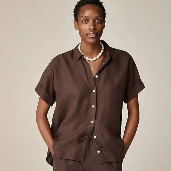 J Crew Women's Size L Baird McNutt Irish Linen Chocolate Brown Capitaine Shirt