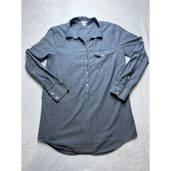 J Crew Shirt Women's Small Button Up Roll Tab Sleeve Blue Cotton Chambray