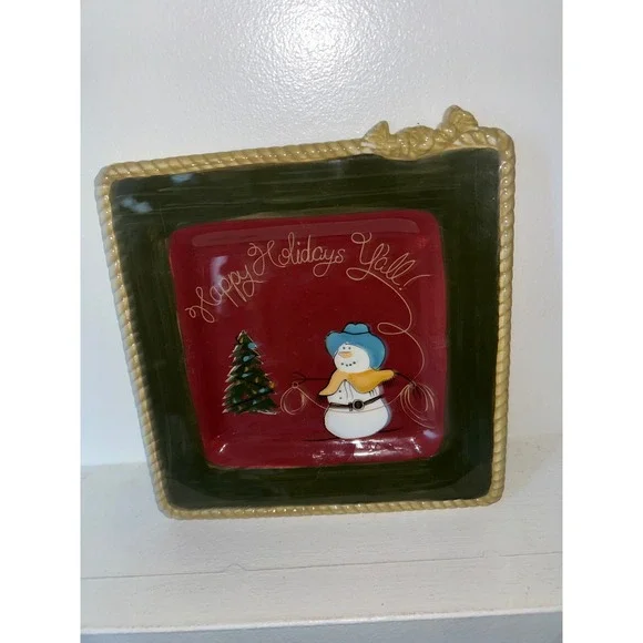 Happy Holidays Y'all Western Snowman Ceramic Square Platter Rope Trim Green Red