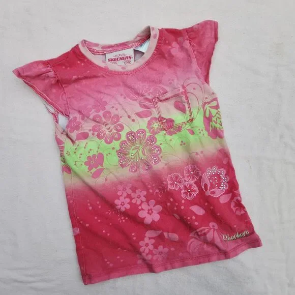 Vintage Y2K Skechers Pink Lime Green Floral Rhinestone Flutter Sleeve Top Size 6