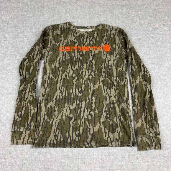 Carhartt Shirt Youth L 14-16 Green Camo Long Sleeve Logo Hunting Graphic Tee