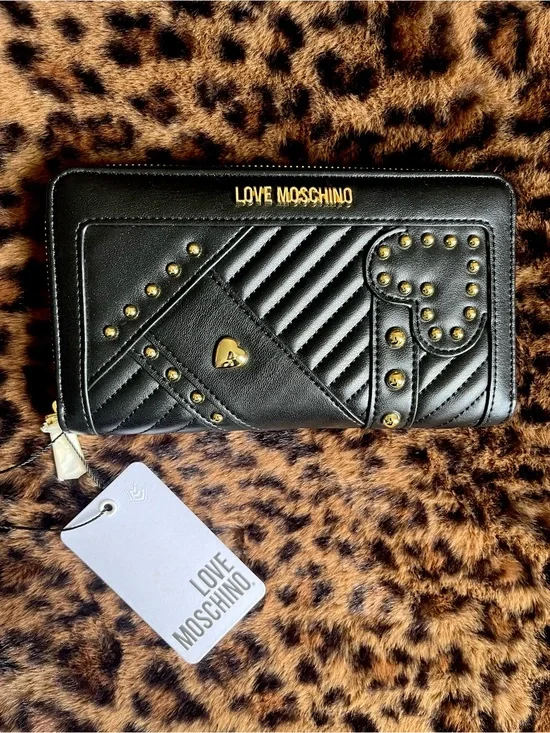 Love Moschino Black Quilted Studded Zip Wallet with Gold Heart Details