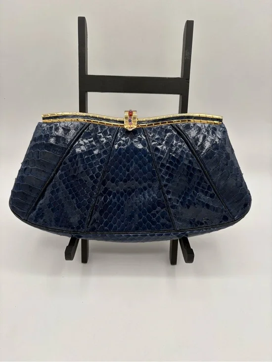 Vtg JUDITH LEIBER Snakeskin Leather Clutch Bag Small Navy Gold Multi Stones RARE