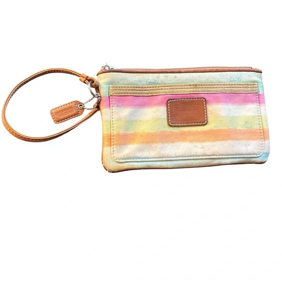 Coach Pastel Rainbow Stripe Wristlet - Pink, Yellow, Orange, Blue, Green