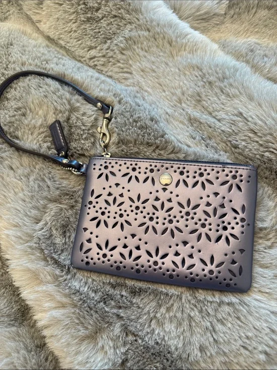 Coach Metallic Lavender Laser-Cut Wristlet with Floral Cutouts