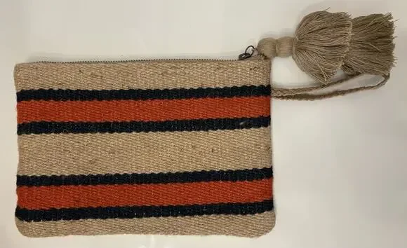 J. Jill Woven Jute Striped Wristlet Clutch Bag Tassel Orange Navy Tan Boho