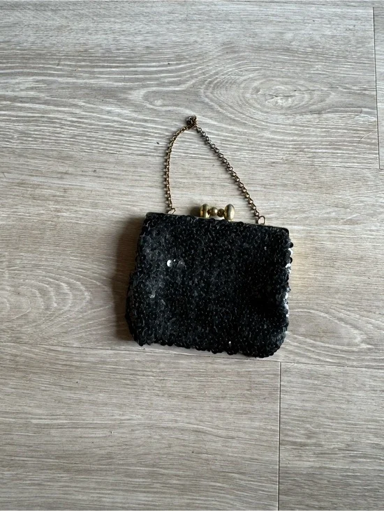 Black Sequin Evening Clutch with Chain Handle