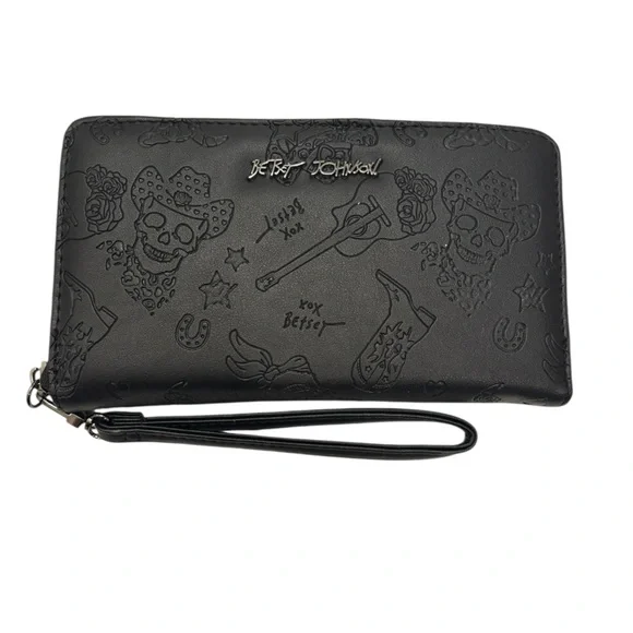 Betsey Johnson Cowboy Boots Skulls Guitars Embossed Wallet Wristlet Black