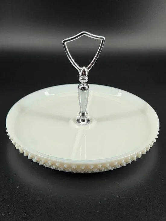 Fenton White Milk Glass Hobnail Divided Condiment Tray Silver Handle Mid Century