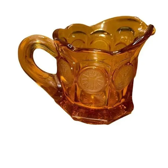 Vintage Amber Fostoria Coin Glass Creamer Pitcher 1887 Over Eagle accent