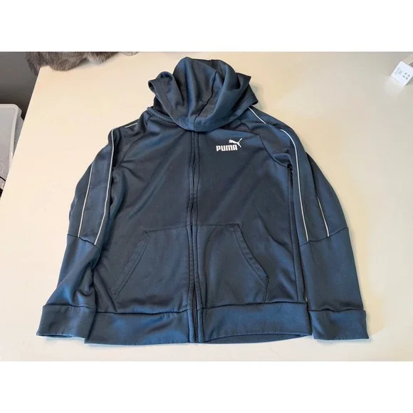 Puma Boys Navy Blue Full Zip Hooded Track Jacket Gold Logo Fleece Size 10