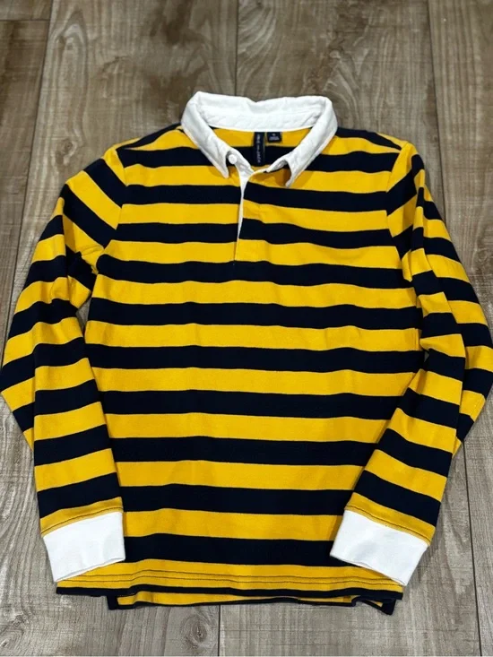 Janie and Jack Kid’s Yellow and Navy Striped Rugby Polo with White Collar