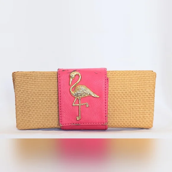 Mud Pie Rattan Flamingo Clutch Pink