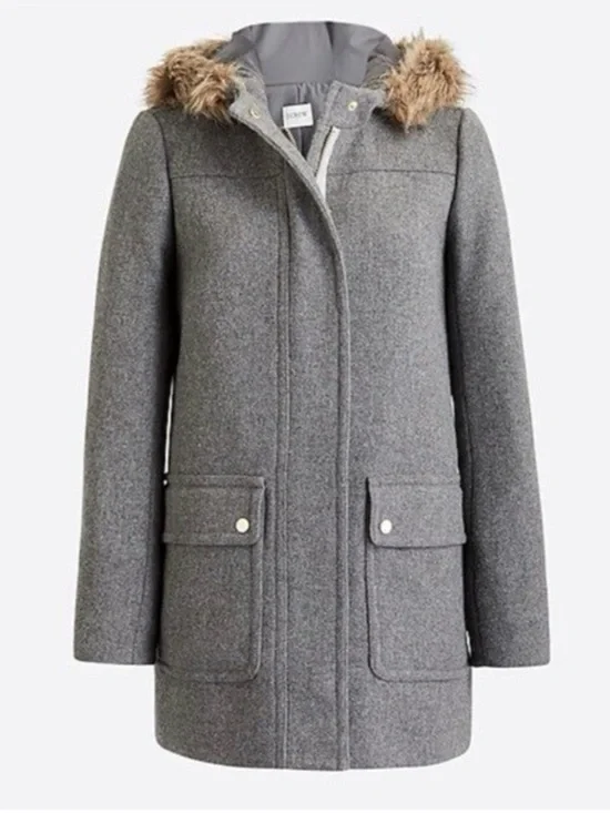 J. CREW MERCANTILE VAIL PARKA COAT HEATHER GREY FAUX FUR HOOD WOOL BLEND