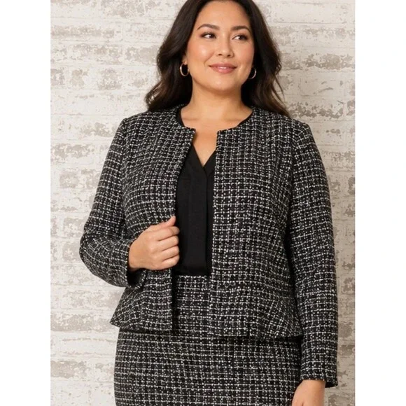 J.Crew Black & White Tweed Peplum Jacket Blazer Size 14 collarless