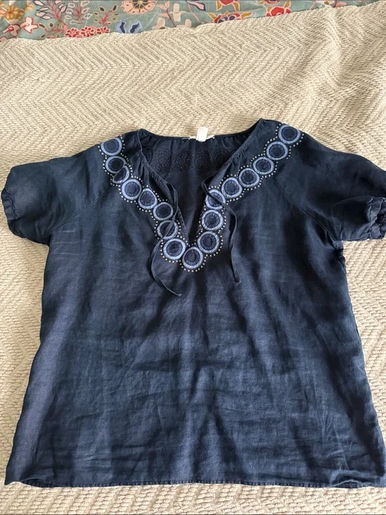 J. Crew Navy Embroidered V-Neck Linen Blouse