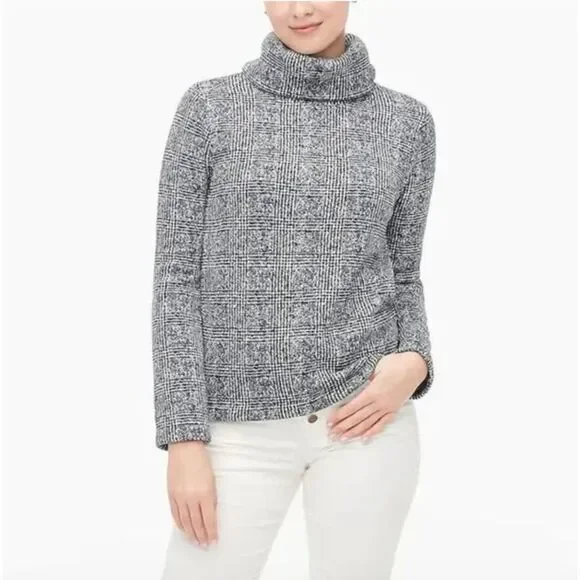 J. Crew Glen Plaid Funnel Neck Thick Fleece Pullover Black‎ Gray Size Small