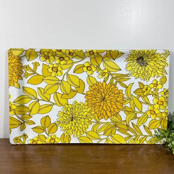 Vintage 1970s Yellow Floral Laminated Serving Tray Mid Century Kitchen Decor