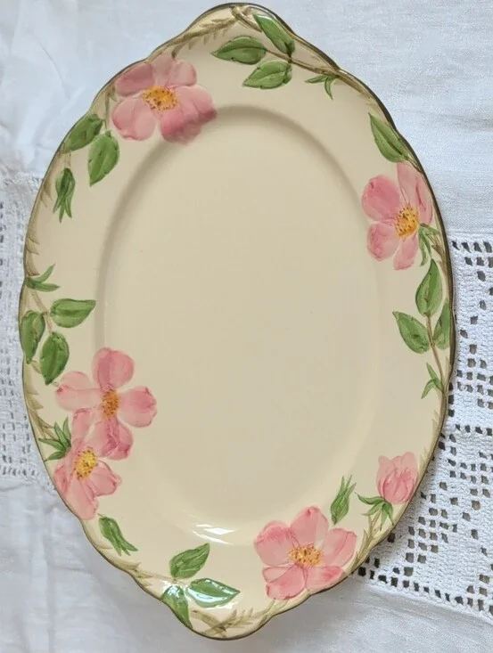 Fransican Earthenware Oval Serving Platter with Pink Flower Accents