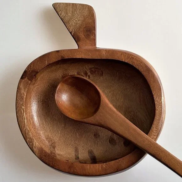 VINTAGE BOHO WOOD  DIPPING SAUCE BOWL WITH LADLE