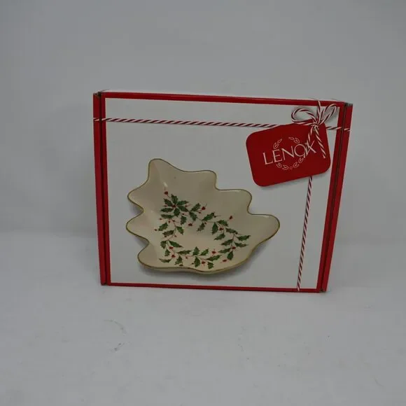 Lenox Holiday Tree Candy Dish Porcelain Gold Trim New Box Wear
