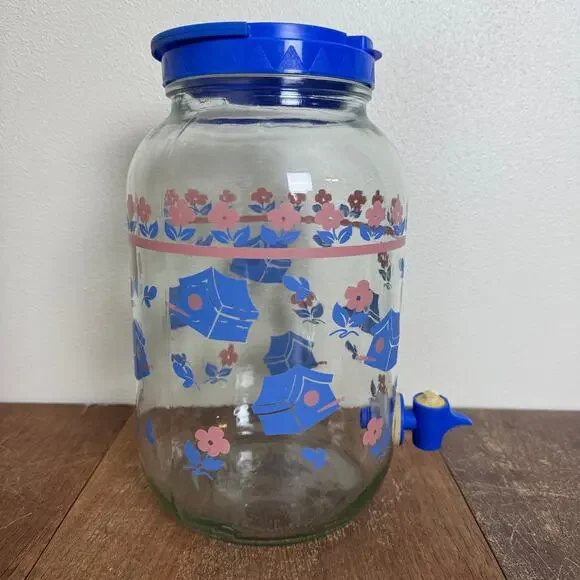 Vintage GALLON Blue Pink Birdhouse‎ Design Glass Drink Dispenser
