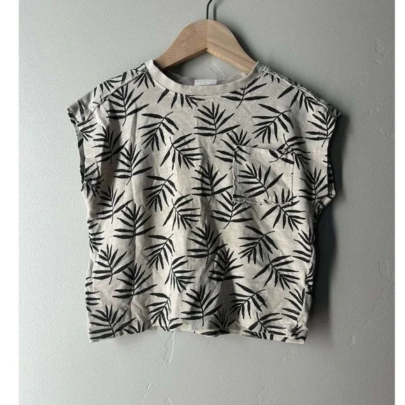 Zara All Over Palm Leaf Print Tee 2T Beach Resortwear Cream  Cap Sleeve Pocket