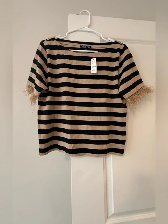 NWT J.Crew Stripe Ostrich Feather Cuff T-Shirt Top Boatneck Tan Black❤️