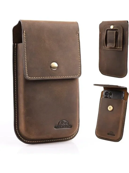 Leather Phone Holster for iPhone & Galaxy - Belt Clip Case, XL Dark Brown Pouch